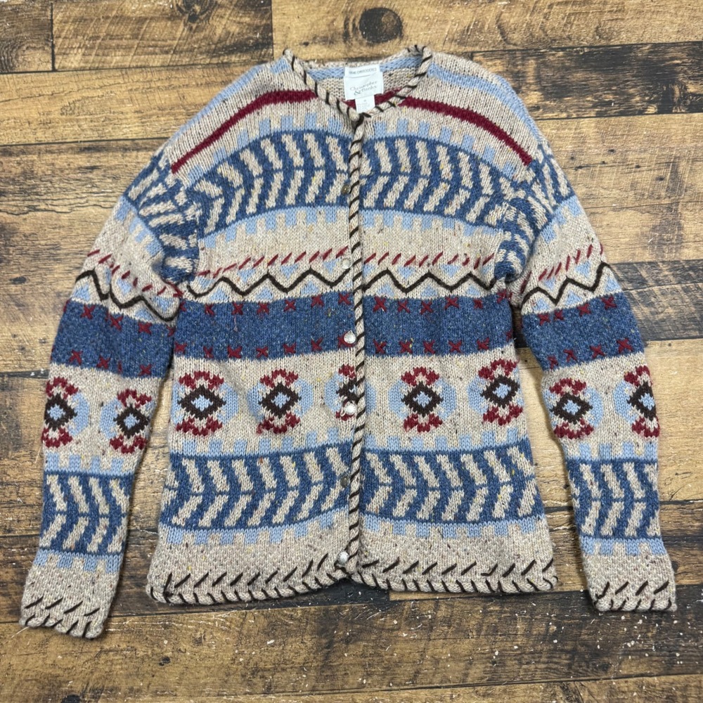 Christopher & Banks Womens M Blue Hand Embroidered Ramie Wool Cardigan Sweater